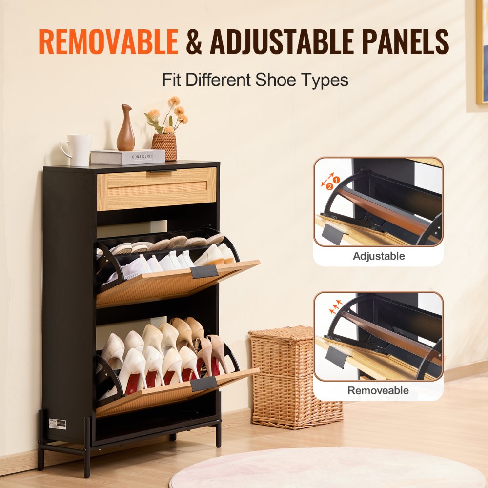 Rattan Shoe Cabinet Shoe Organizer 2 Flip Drawers & 1 Slide Drawer Black