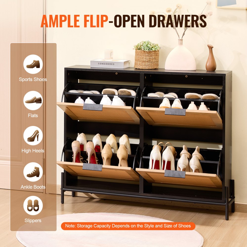 Rattan Shoe Storage Cabinet Shoe Storage Organizer with 4 Flip Drawers