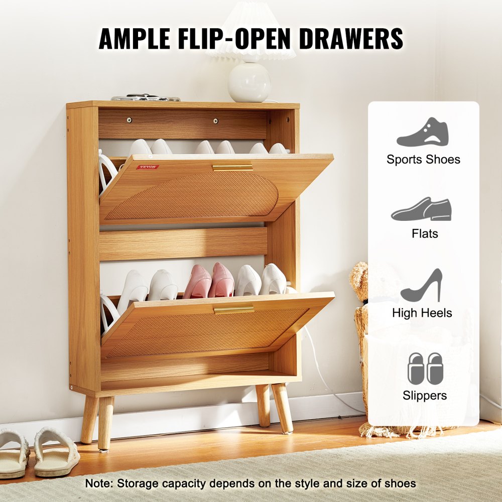 Shoe Cabinet with 2 Flip Drawers, Shoe Storage Cabinet for Entryway, Free Standing Shoe Storage Organizer with Rattan Doors for Heels, Boots, Slippers in Hallway, Living Room