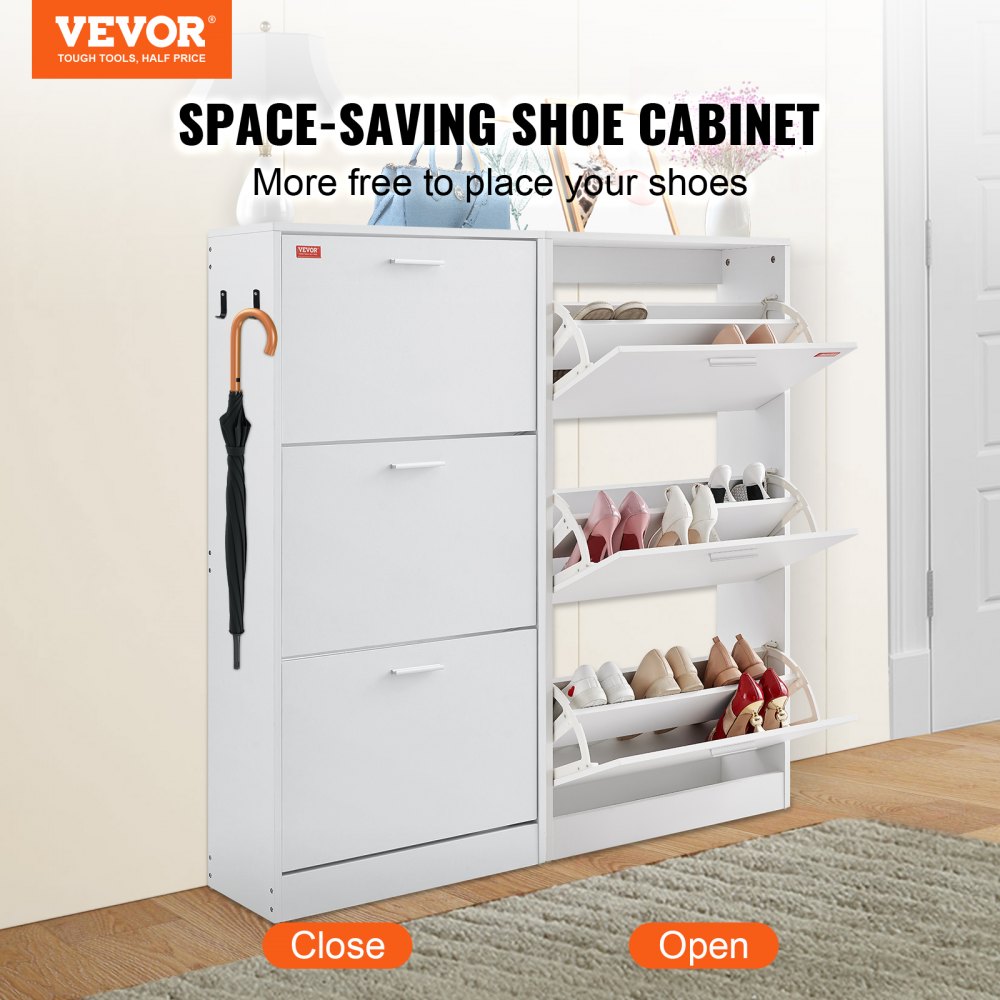 Shoe Cabinet with 3 Flip Drawers, Shoe Storage Cabinet for Entryway, Free Standing Shoe Storage Organizer with Side Hooks for Heels, Boots, Slippers in Hallway, Living Room