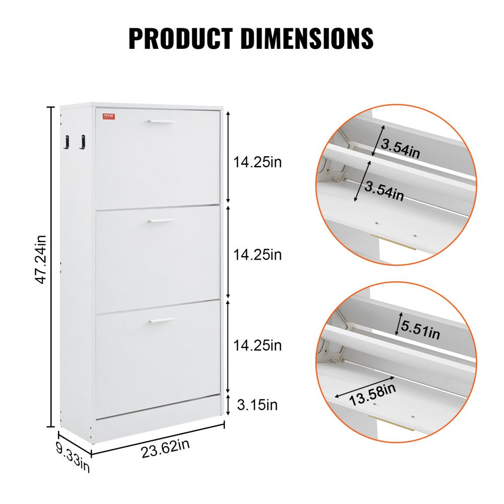 Shoe Cabinet with 3 Flip Drawers, Shoe Storage Cabinet for Entryway, Free Standing Shoe Storage Organizer with Side Hooks for Heels, Boots, Slippers in Hallway, Living Room
