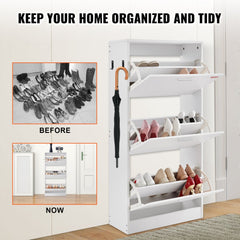 Shoe Cabinet with 3 Flip Drawers, Shoe Storage Cabinet for Entryway, Free Standing Shoe Storage Organizer with Side Hooks for Heels, Boots, Slippers in Hallway, Living Room