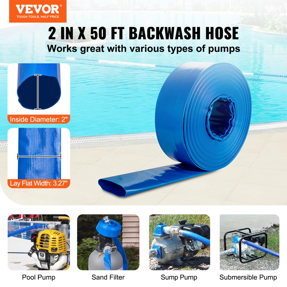 Backwash Hose, 2 in x 50 ft, Heavy-Duty PVC Flat Pool Discharge Hose with Aluminum Camlock C & E Fittings, Clamps, Compatible with Pumps, Sand Filters, for Swimming Pools Waste Water Drain, Blue