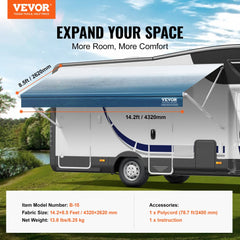 RV Awning Fabric Replacement, 14`2" Fabric Length for 15` Awning, Heavy Duty 3-Ply 16oz PVC Camper Awning Fabric, Waterproof & UV Protection Outdoor Canopy for RV, Trailer, Motorhome, Blue Fade