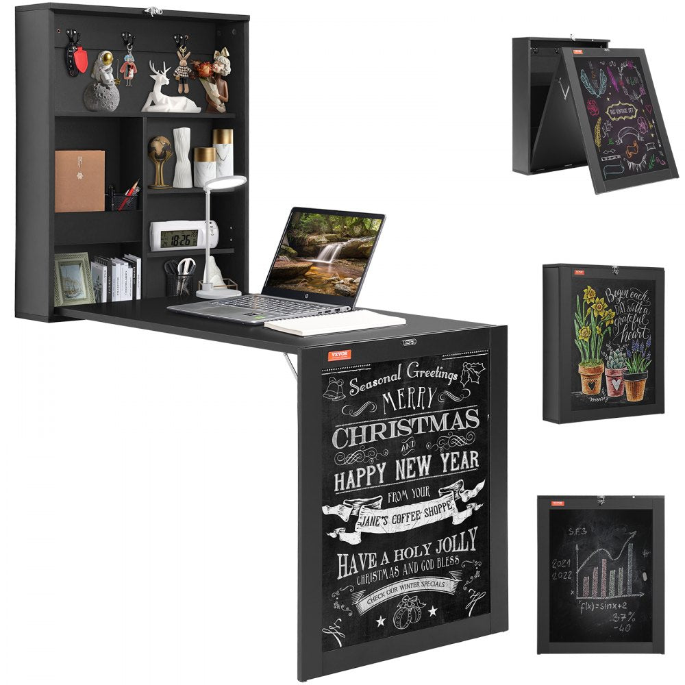 Wall Mounted Desk, Fold out Convertible Desk, Multi-Function Folding Wall Table with Chalkboard for Home Office, Space Saving Computer Desk with Storage Area