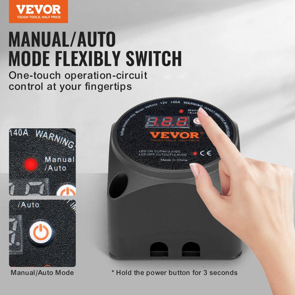 Dual Battery Isolator Kit, 12V 140Amp, Manual and Auto Modes VSR Voltage Sensitive Relay with LCD Screen, Smart Battery Isolator for ATV UTV RV Camper Off-Road Vehicle Caravan Truck Boat Yacht