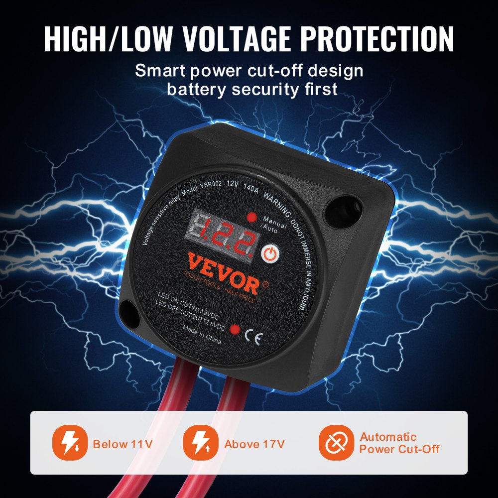 Dual Battery Isolator Kit, 12V 140Amp, Manual and Auto Modes VSR Voltage Sensitive Relay with LCD Screen, Smart Battery Isolator for ATV UTV RV Camper Off-Road Vehicle Caravan Truck Boat Yacht