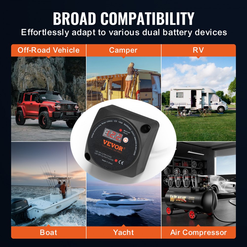 Dual Battery Isolator Kit, 12V 140Amp, Manual and Auto Modes VSR Voltage Sensitive Relay with LCD Screen, Smart Battery Isolator for ATV UTV RV Camper Off-Road Vehicle Caravan Truck Boat Yacht