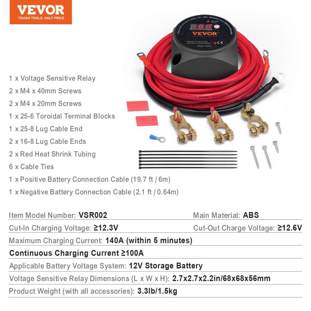Dual Battery Isolator Kit, 12V 140Amp, Manual and Auto Modes VSR Voltage Sensitive Relay with LCD Screen, Smart Battery Isolator for ATV UTV RV Camper Off-Road Vehicle Caravan Truck Boat Yacht