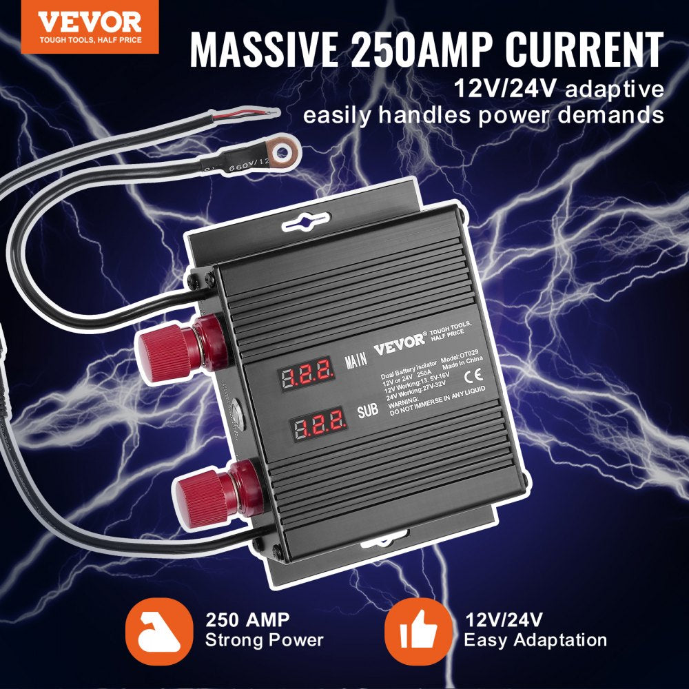 250 AMP Dual Battery Smart Isolator, 12V/24V, Universal VSR Voltage Sensitive Relay Battery Isolator Intelligent with LCD Screen, for Car Truck ATV RV Battery Starter Controller Power Switch