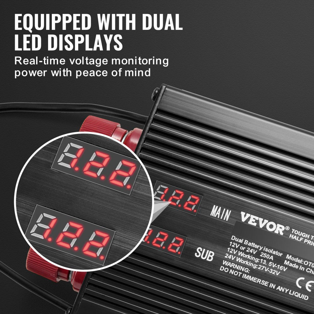 250 AMP Dual Battery Smart Isolator, 12V/24V, Universal VSR Voltage Sensitive Relay Battery Isolator Intelligent with LCD Screen, for Car Truck ATV RV Battery Starter Controller Power Switch