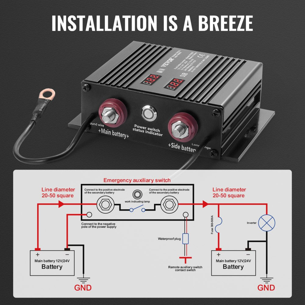 250 AMP Dual Battery Smart Isolator, 12V/24V, Universal VSR Voltage Sensitive Relay Battery Isolator Intelligent with LCD Screen, for Car Truck ATV RV Battery Starter Controller Power Switch