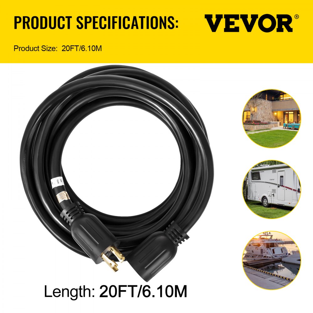 Bostome 30A generator extension cord, 20ft long, with a twist-lock NEMA L14-30P connector.