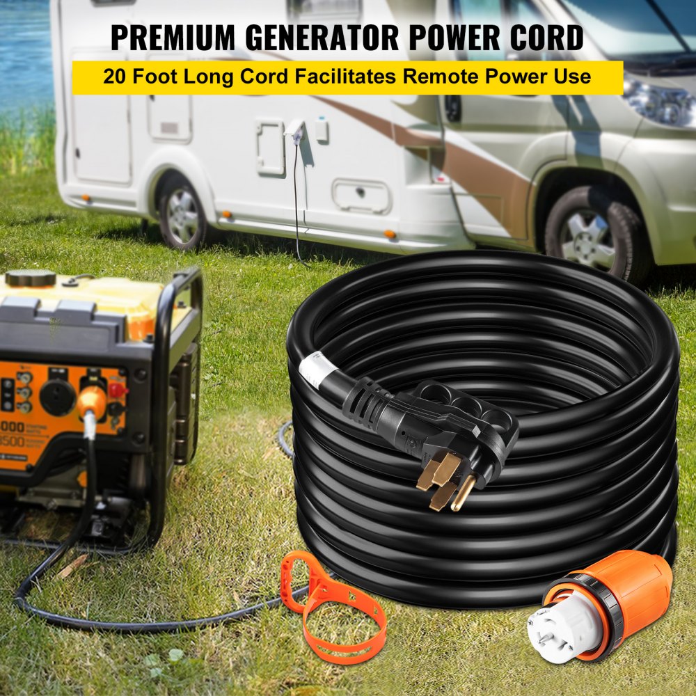 Bostome 50A 20FT generator power cord with twist-lock plug and ergonomic grip handle.