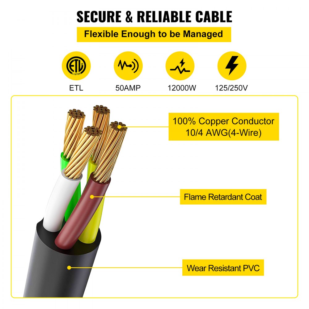 Bostome 50A 20FT generator power cord with twist-lock plug and ergonomic grip handle.