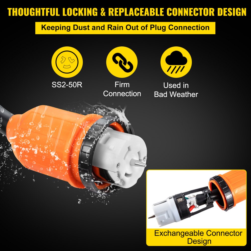 20-foot generator power cord with 50A rating and twist-locking connectors for secure connections.