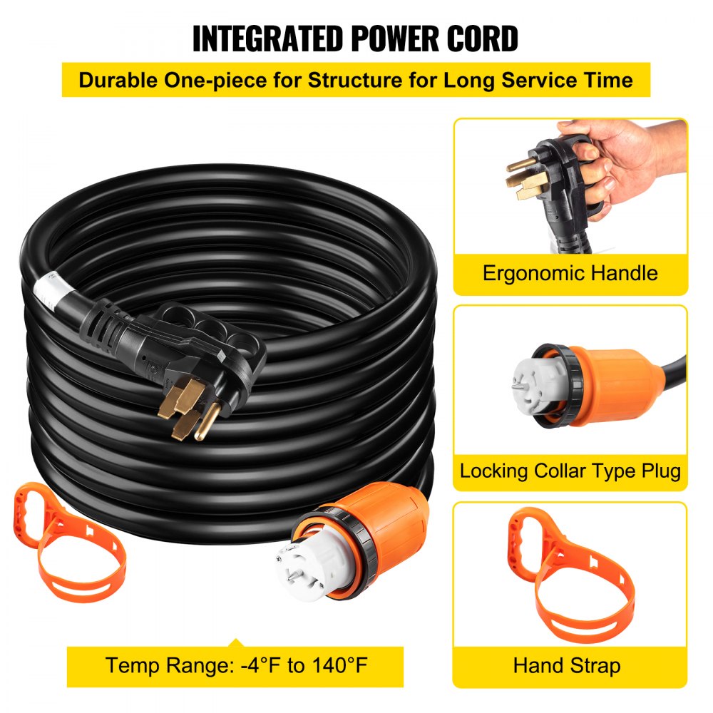 Bostome 50A 20FT generator power cord with twist-lock plug and ergonomic grip handle.