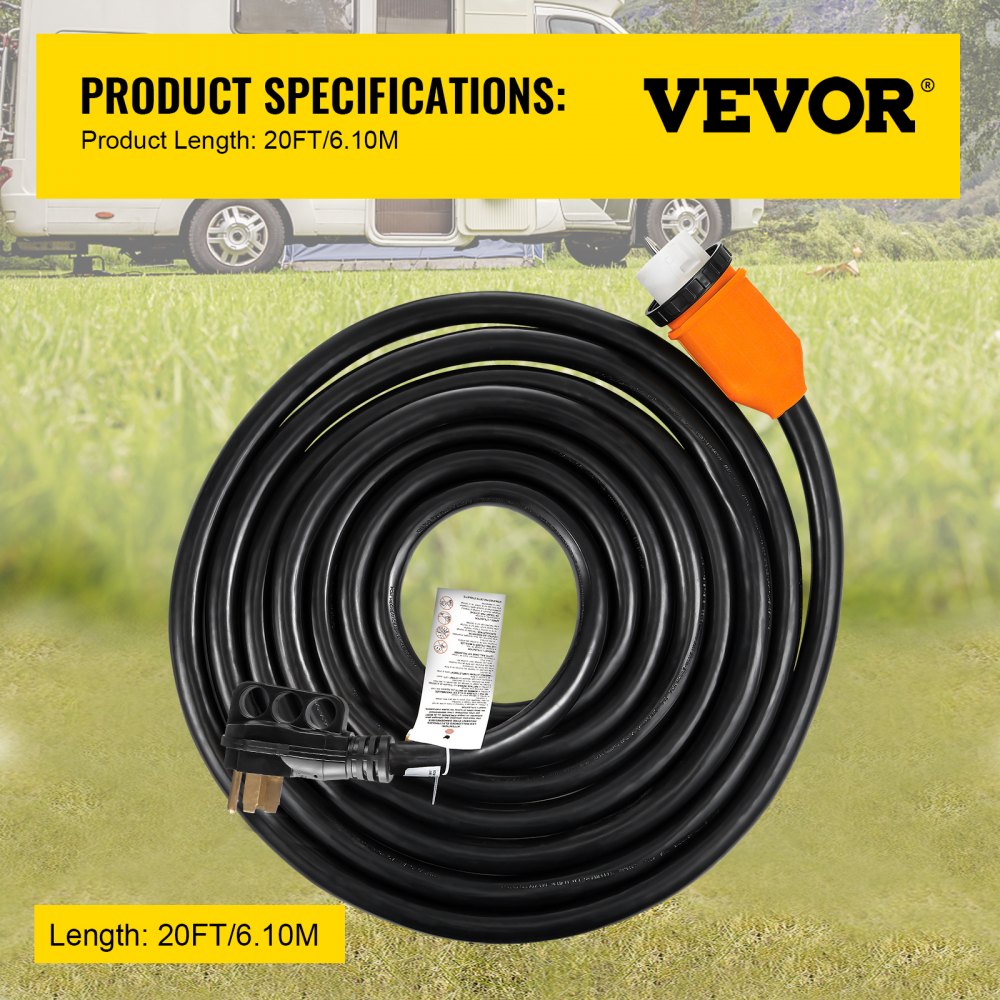 Bostome 50A 20FT generator power cord with twist-lock plug and ergonomic handle for easy use.