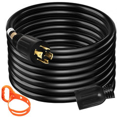 Black 40ft 30 amp generator extension cord with twist-lock ends and orange strap.