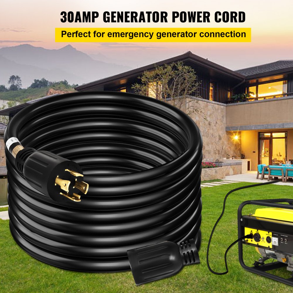 A 40-foot black 30-amp generator extension cord with NEMA L14-30 twist-lock plugs coiled on grass near a yellow generator and house.