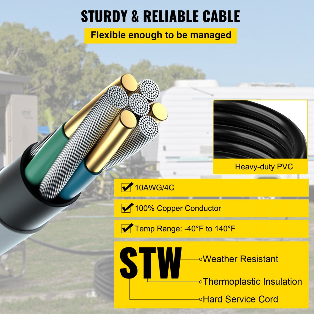 40-foot 30-amp generator extension cord with 10-gauge SJTW cable, NEMA L14-30 twist-lock plugs, and weather-resistant PVC jacket.