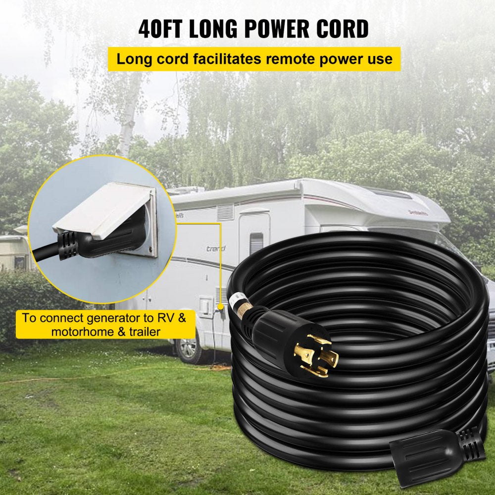 A 40-foot black 30-amp generator extension cord with NEMA L14-30 twist-lock plugs, coiled on grass near an RV.