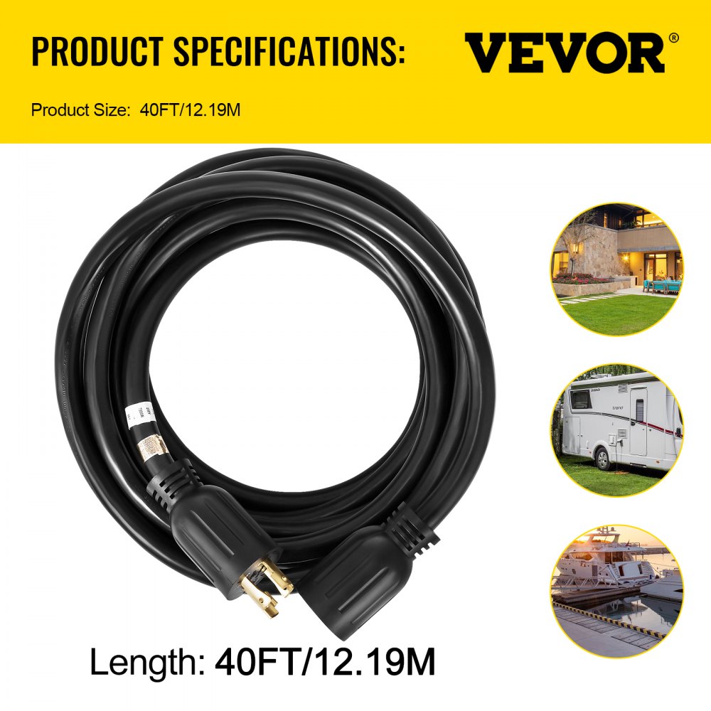 40ft black 30 amp generator extension cord with twist-lock ends and molded grips