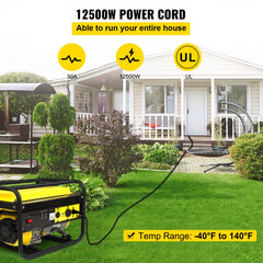 Yellow 40-foot 50-amp generator extension cord with N14-50P plug connected to a portable generator in a yard.