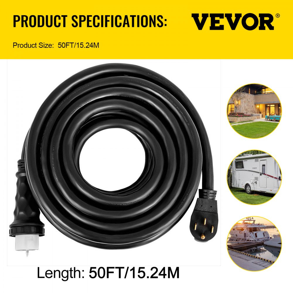 A black 50-foot 50-amp generator extension cord with twist-lock plugs, coiled and shown in use with RV and home.
