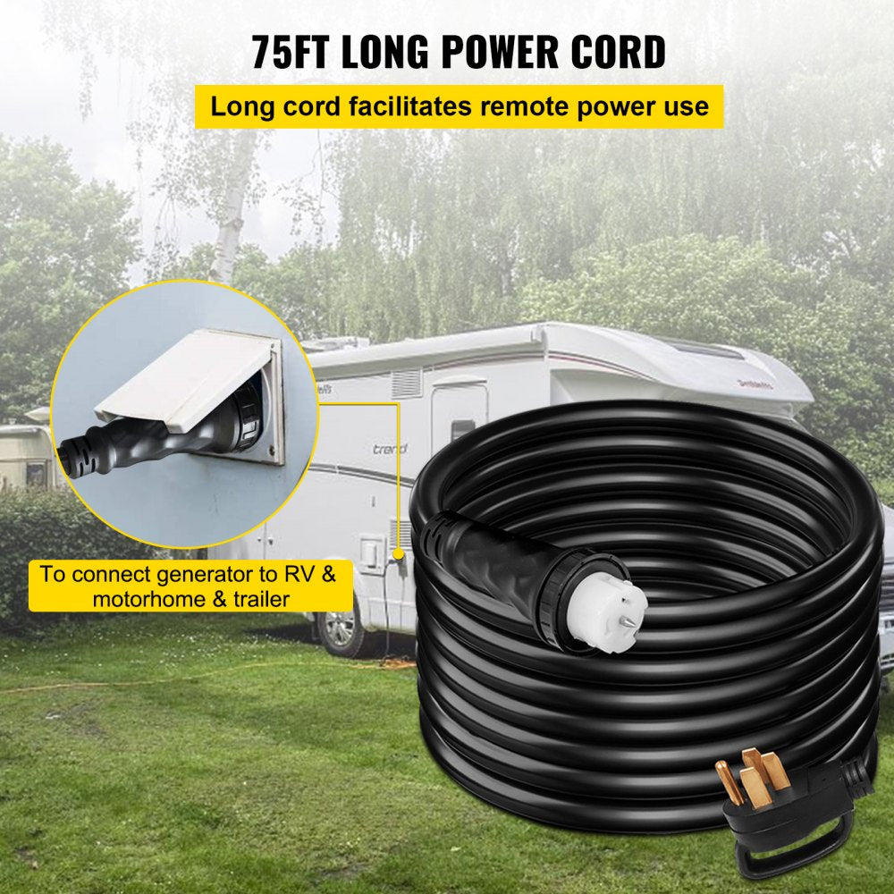 75-foot 50-amp generator extension cord with 6AWG copper wire, connecting RV to generator outdoors.
