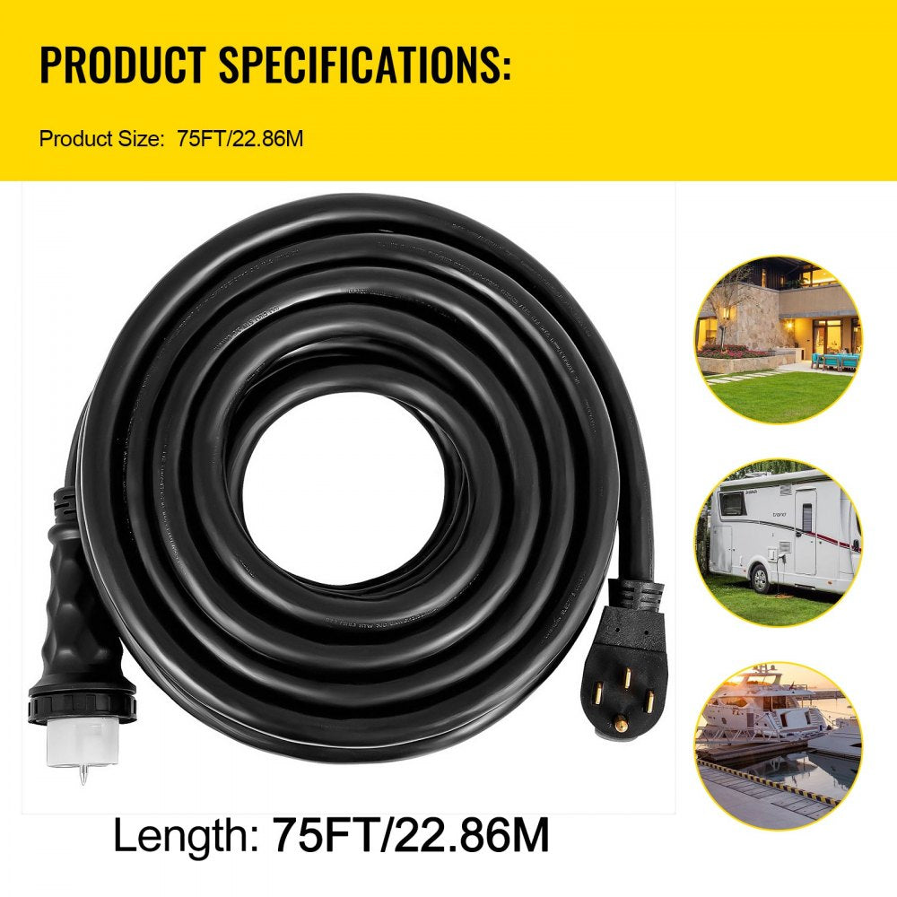 Black 75-foot 50-amp generator extension cord coiled with NEMA 14-50 plugs.