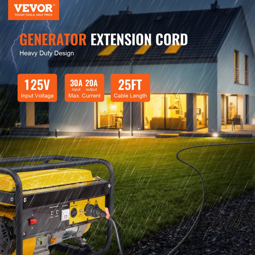 30-Amp Generator Extension Cord, 25 Feet, 125V 3750W Heavy Duty Generator Outdoor Power Cord, NEMA L14-30P / Four NEMA 5-20R STJW Flexible Power Cable with Twist Lock Connectors, for Generators