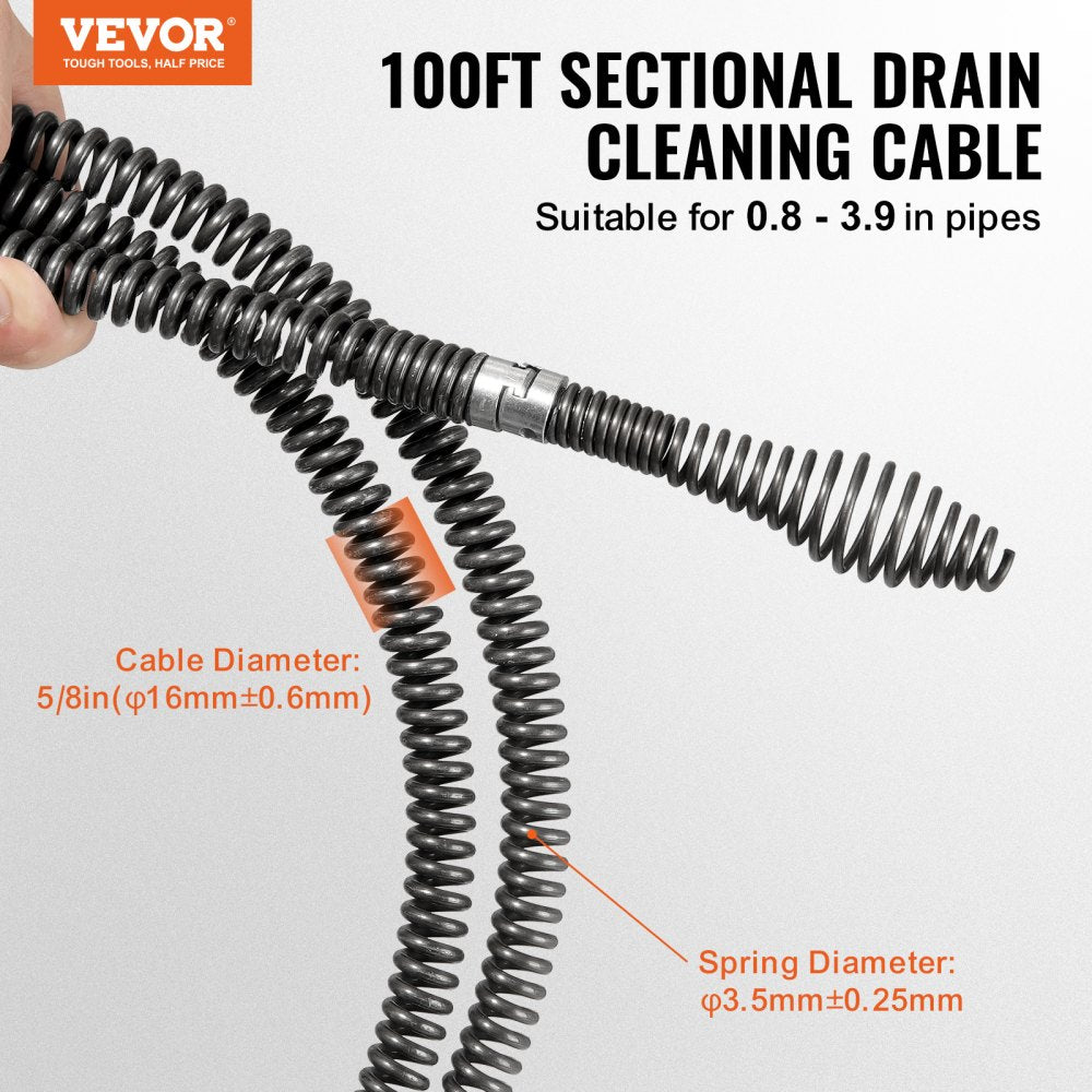 Drain Cleaning Cable 100 FT x 5/8 Inch, Professional Sectional Drain Cleaner Cable with 7 Cutters for 0.8" to 3.9" Pipes, Hollow Core Sewer Drain Auger Cable for Sink, Floor Drain, Toilet