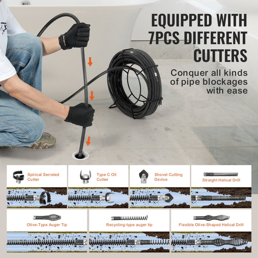 Drain Cleaning Cable 100 FT x 5/8 Inch, Professional Sectional Drain Cleaner Cable with 7 Cutters for 0.8" to 3.9" Pipes, Hollow Core Sewer Drain Auger Cable for Sink, Floor Drain, Toilet