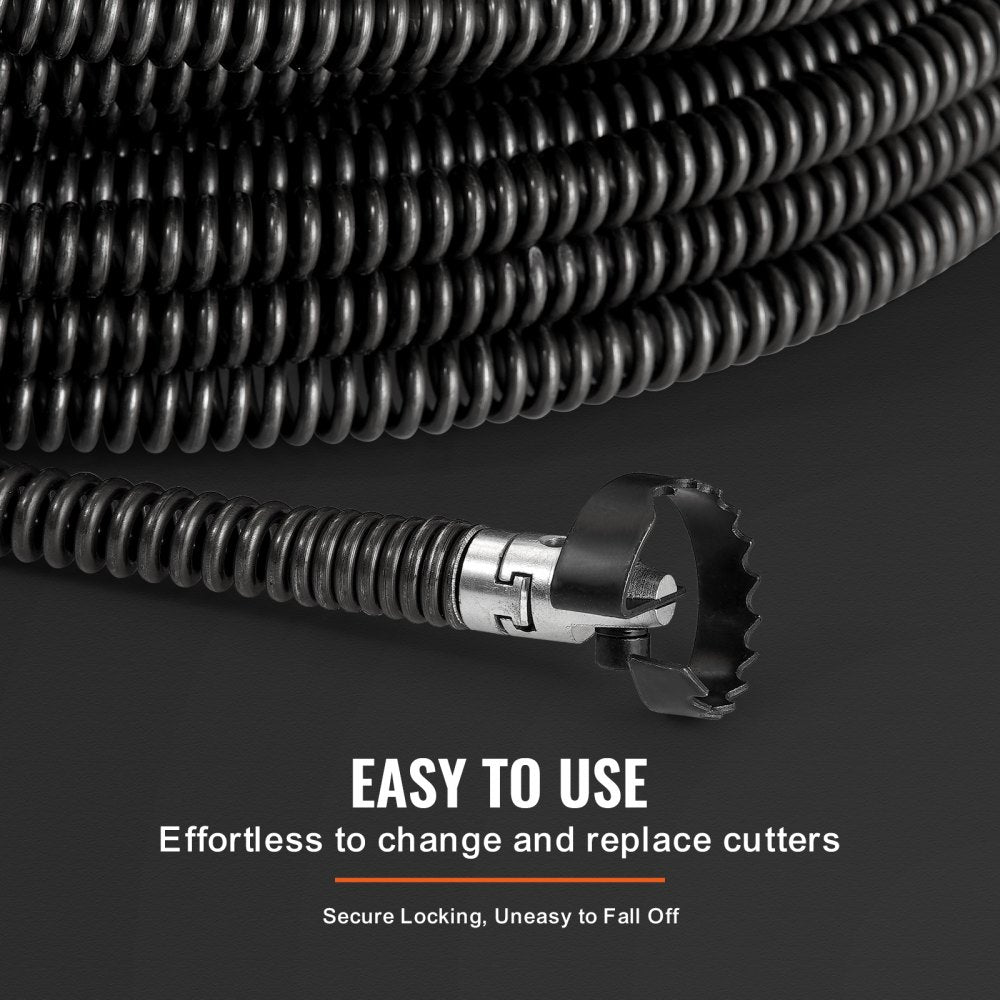 Drain Cleaning Cable 100 FT x 5/8 Inch, Professional Sectional Drain Cleaner Cable with 7 Cutters for 0.8" to 3.9" Pipes, Hollow Core Sewer Drain Auger Cable for Sink, Floor Drain, Toilet