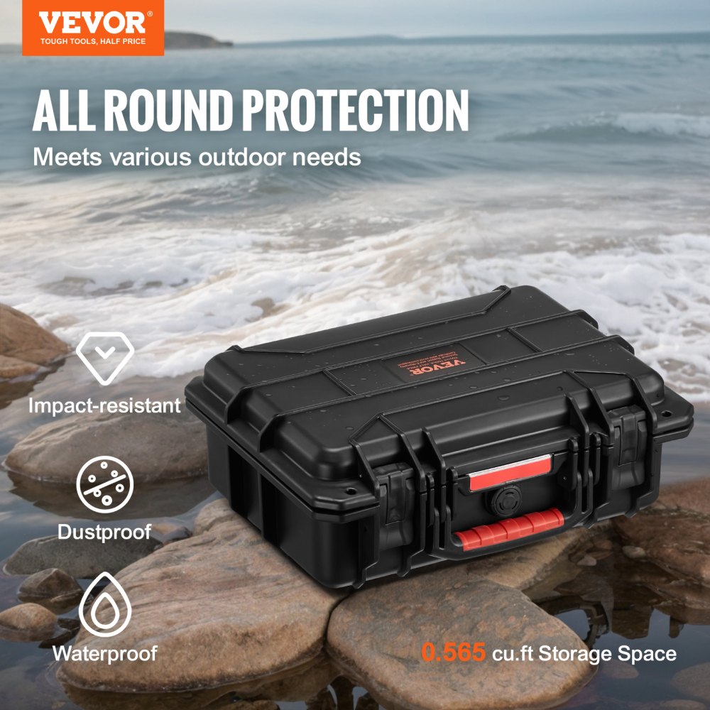 0.56 Cu.ft Weatherproof Hard Case with Handle Clips Padlock Holes PU Foam Protect Pistol, Microphone, and Camera Equipment