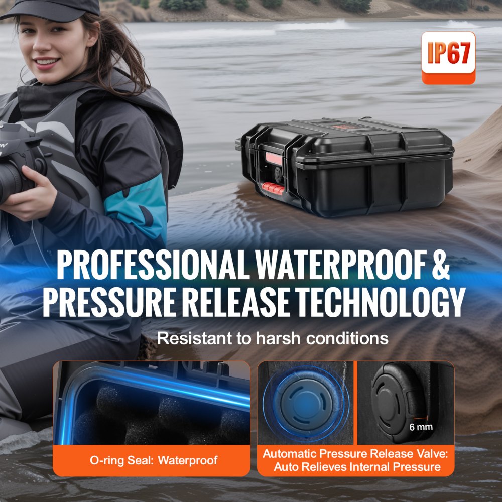 0.56 Cu.ft Weatherproof Hard Case with Handle Clips Padlock Holes PU Foam Protect Pistol, Microphone, and Camera Equipment