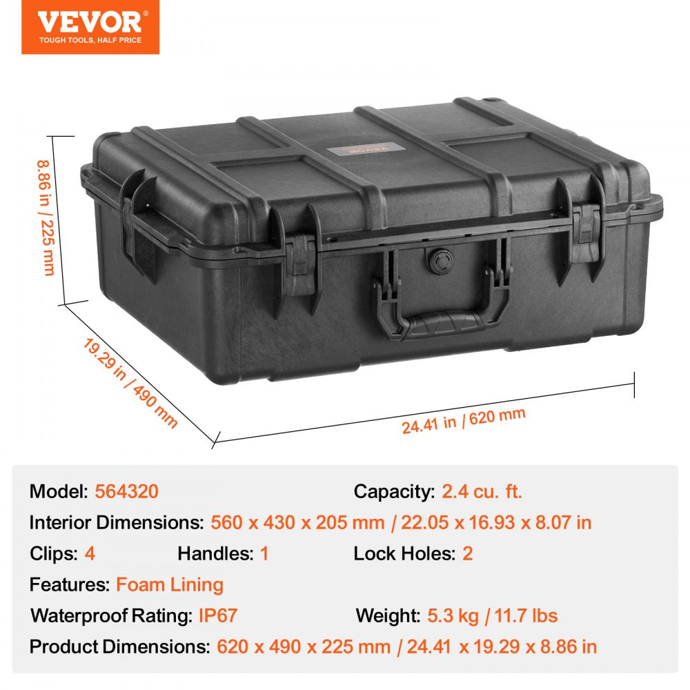 2.4 Cu.ft Weatherproof Hard Case with Handle Clips Padlock Holes Foam