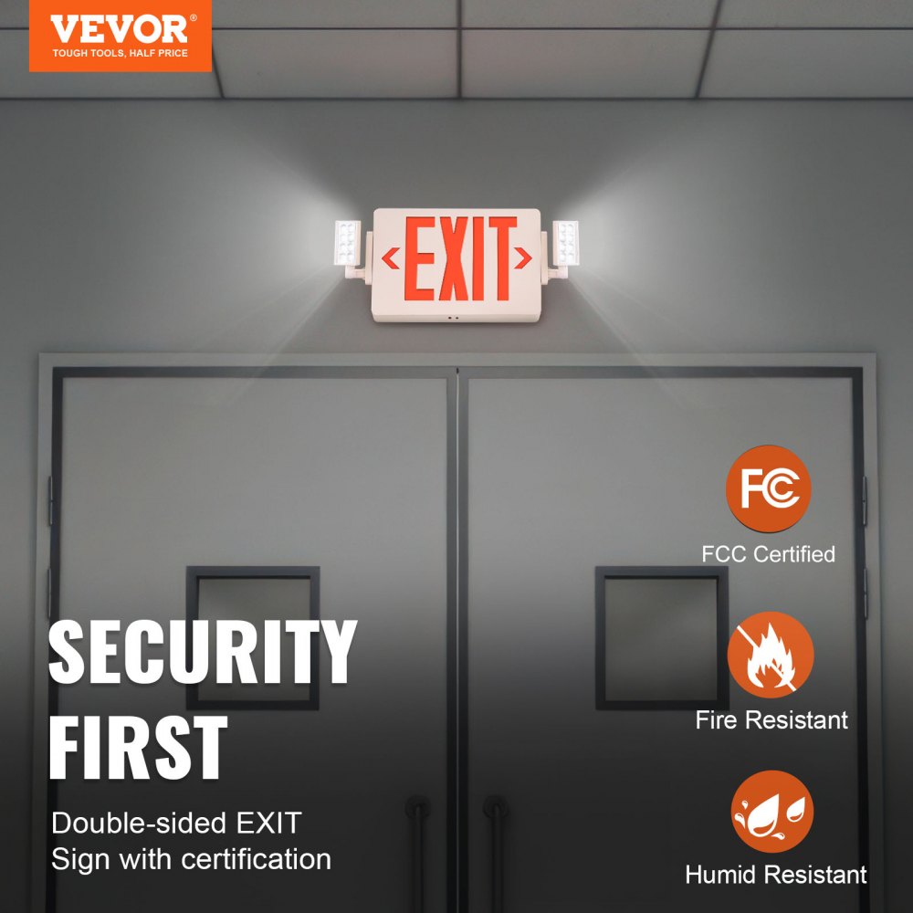 LED Exit Sign with Emergency Lights, Two Heads Emergency Exit Light with Battery Backup, Combo Red Letter Fire Exit Lighting, Commercial Exit Signs for Business, White Tested to UL Standards