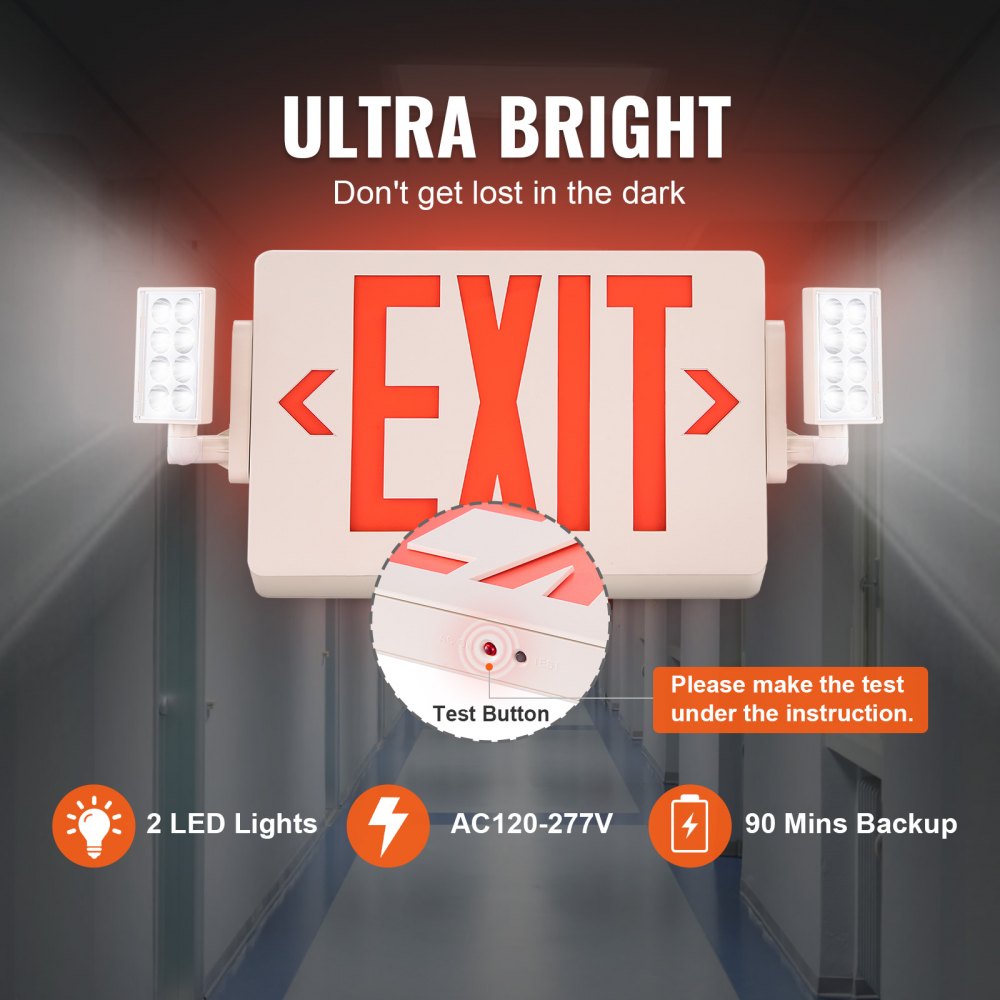 LED Exit Sign with Emergency Lights, Two Heads Emergency Exit Light with Battery Backup, Combo Red Letter Fire Exit Lighting, Commercial Exit Signs for Business, White Tested to UL Standards