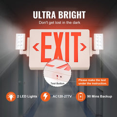 LED Exit Sign with Emergency Lights, Two Heads Emergency Exit Light with Battery Backup, Combo Red Letter Fire Exit Lighting, Commercial Exit Signs for Business, White Tested to UL Standards