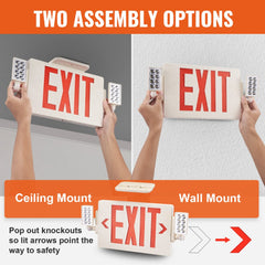 LED Exit Sign with Emergency Lights, Two Heads Emergency Exit Light with Battery Backup, Combo Red Letter Fire Exit Lighting, Commercial Exit Signs for Business, White Tested to UL Standards