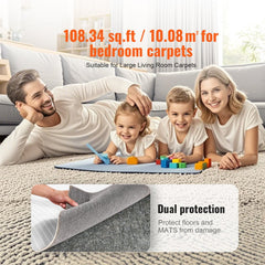 A family plays on a rug with a visible gray felt rug pad underneath, showing dual protection.