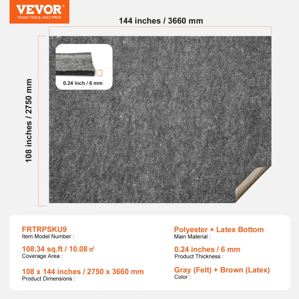 A gray felt rug pad with a brown latex bottom, measuring 108 x 144 inches and 0.24 inches thick.