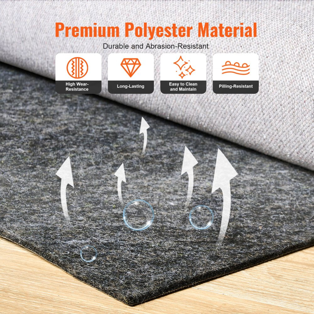 Gray and brown non-slip rug pad, 0.24" thick, measuring 25" x 94.5" made of polyester.