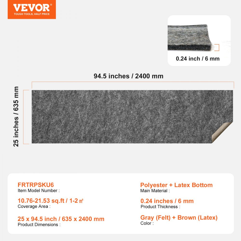 Gray and brown non-slip rug pad, 0.24" thick, measuring 25" x 94.5" made of polyester.