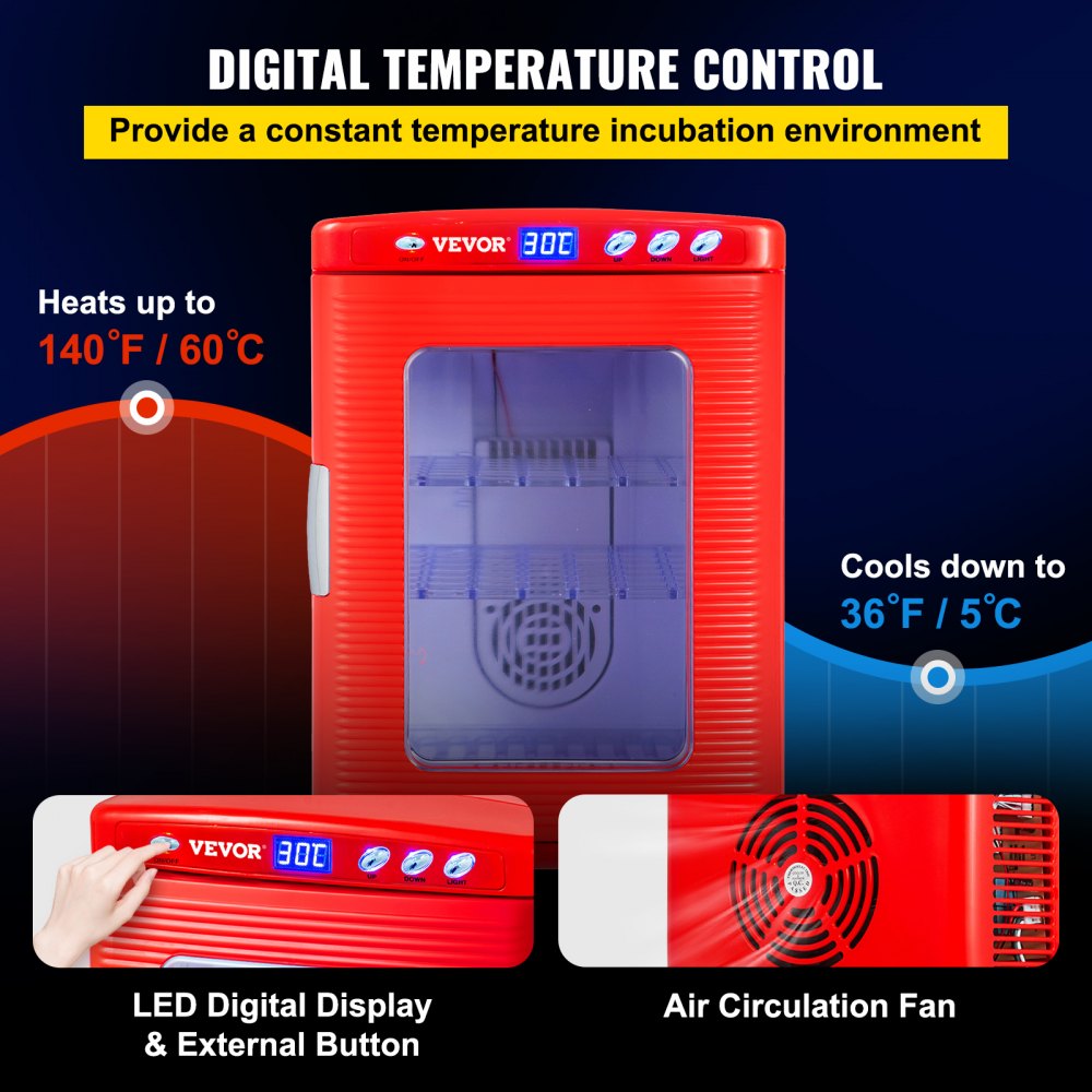 Red Reptile Incubator 25L Scientific Lab Incubator Digital Incubator Cooling and Heating 5-60°C Reptile Egg Incubator 12V/110V Work for Small Reptiles
