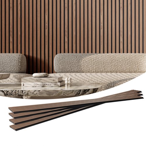 Walnut wood slat acoustic panels measuring 94.5"x7.9" for wall decor and noise reduction.