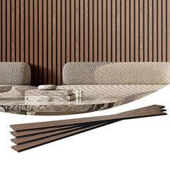 Walnut wood slat acoustic panels measuring 94.5"x7.9" for wall decor and noise reduction.