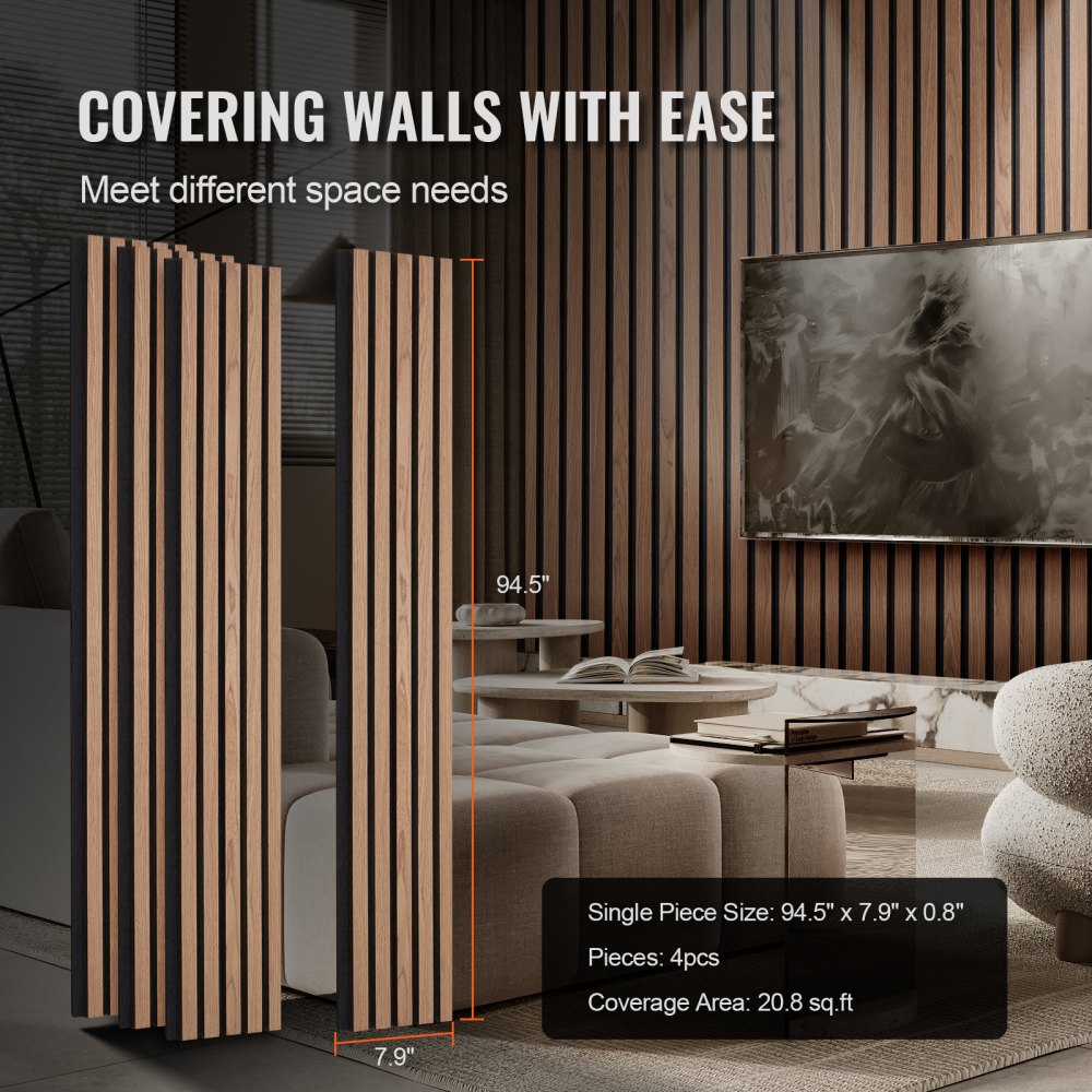Bostome Wood Slat Acoustic Panels in walnut finish, measuring 94.5"x7.9", designed for wall decor.
